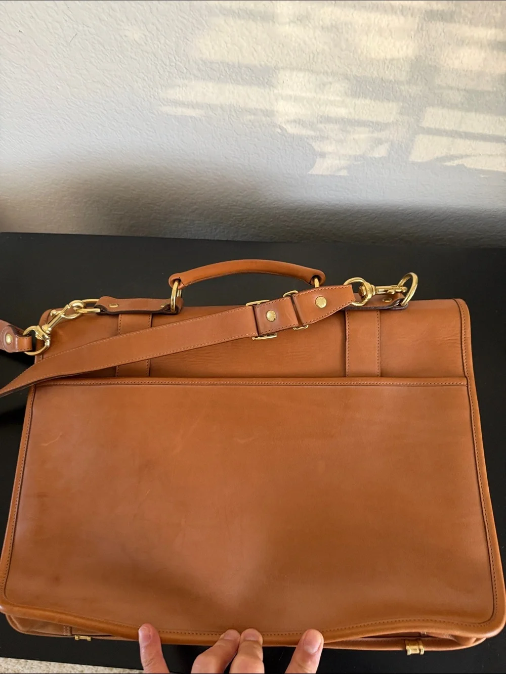 Ghurka Tan Leather Briefcase with Gold Brass Hardware